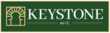 Keystone MIC logo with white serif text and gold arch icon on a forest green background.