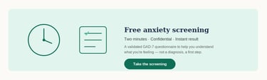 A banner for a free GAD-7 anxiety screening questionnaire with icons and a call to action button.