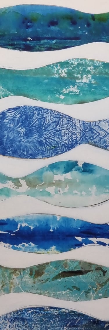 exemple de création sur grand panneau représentant des poissons bleus