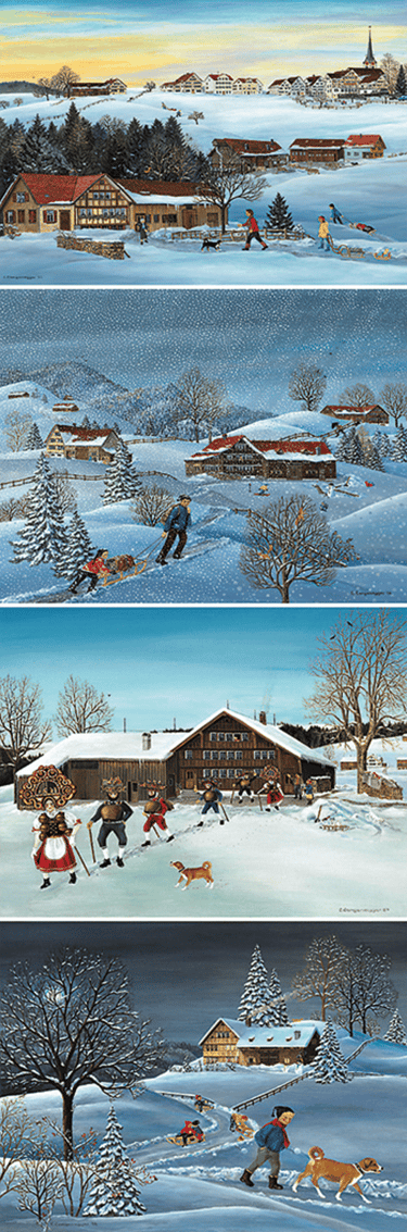 a series of four pictures of a winter scene