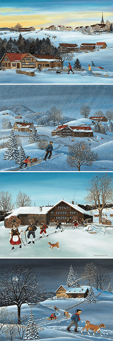 a series of four pictures of a winter scene