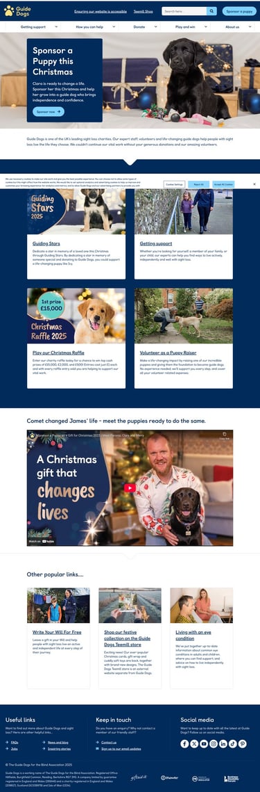 Snapshot of the homepage of Guide Dogs for the blind charity in 2025