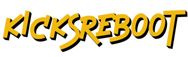 KicksReboot logo, yellow and black lettering on transparent background