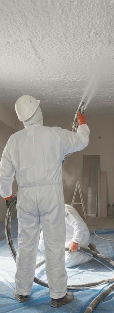 Professional contractor applying spray foam insulation to a residential ceiling for energy efficiency.