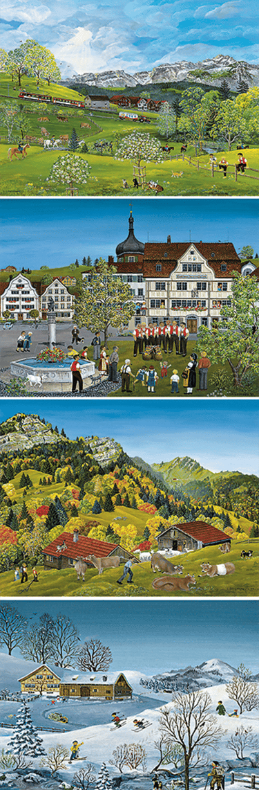 a series of four pictures of a landscape with a lake and a mountain in the