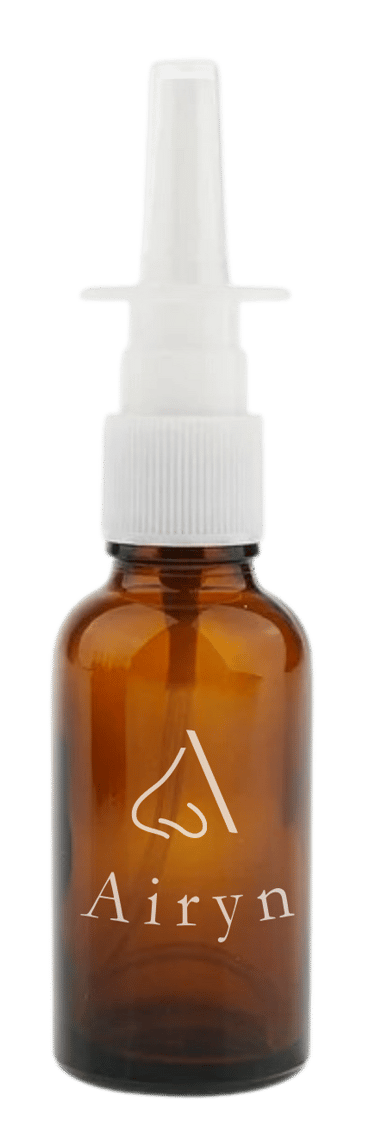a bottle of a brown nasal spray bottle with the word Airyn written on it in white writing