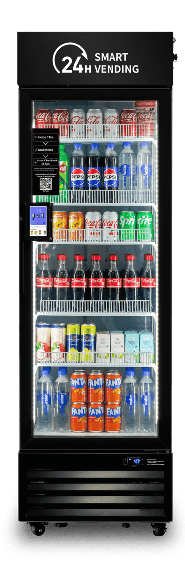 a refrigerator with a display case and drinks