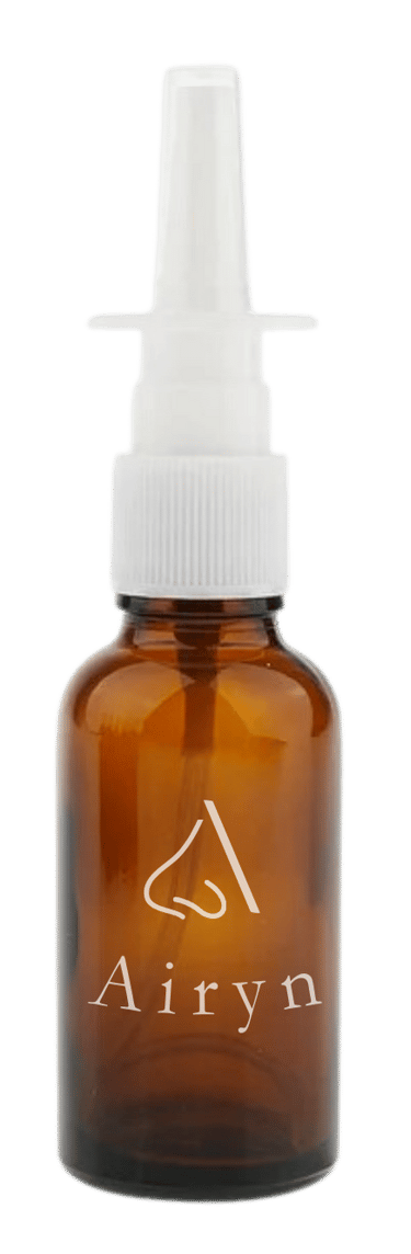 a bottle of a brown nasal spray bottle with the word Airyn written on it in white writing