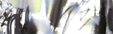Yuge Kurt, fragment of watercolor painting in art gallery. Calligraphy. Jewel tones with neutrals