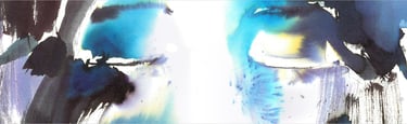 Yuge Kurt, fragment of watercolor painting in art gallery. Portrait. Blue tones