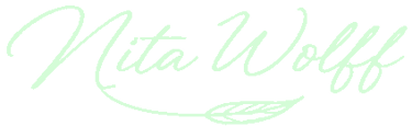 Elegant light green cursive Nita Wolff logo featuring a botanical leaf design.