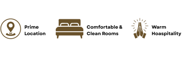 Gold icons for location pin, hotel bed, and praying hands representing travel and spiritual services.
