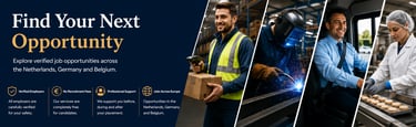 Diverse professionals working in logistics, welding, driving, and food production for jobs in Europe.