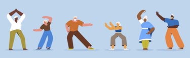 Diverse group of active seniors practicing Tai Chi and qigong exercises for healthy aging.