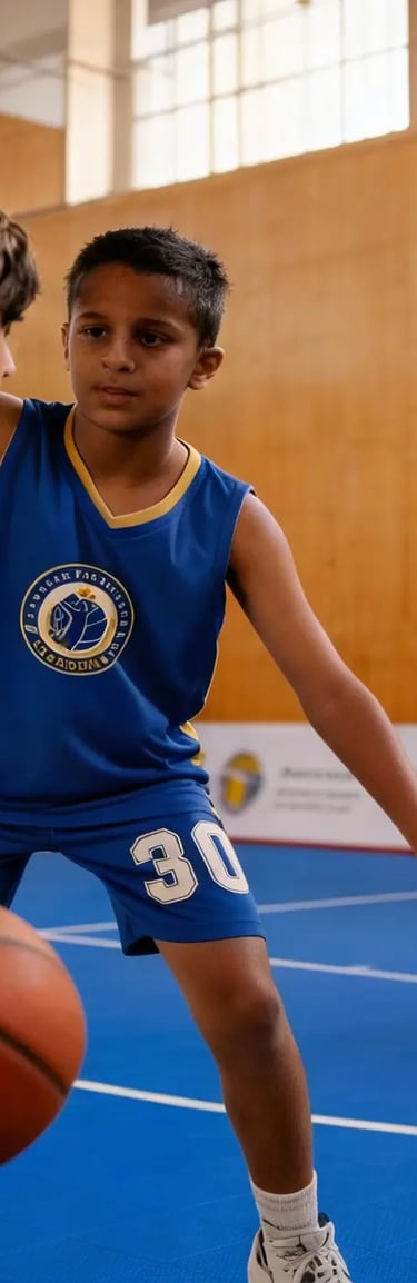 a group of young men playing basketball in a gym