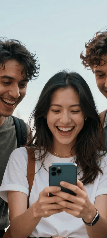 A group of friends in a North American / US urban setting sharing a laugh over something on a phone screen, vibrant and fun atmosphere, soft sky blue and bright off-white lighting, photography.