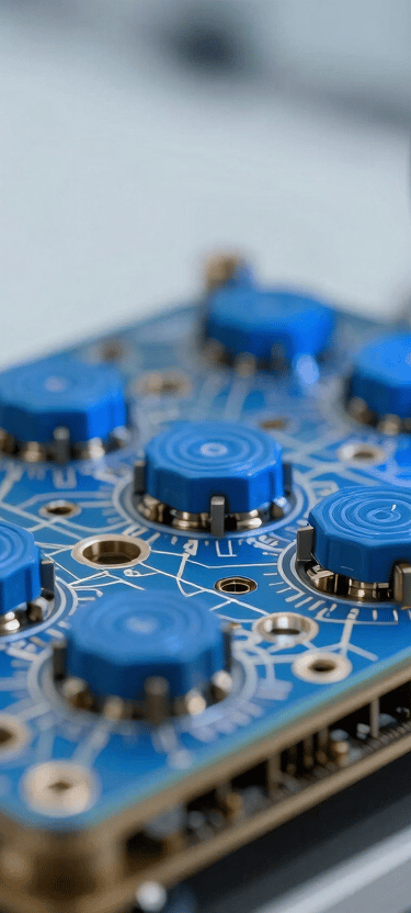 A close-up of high-quality hardware components in a Global / Tech Industry laboratory, lit with classic blue and steel blue lights, soft white background elements.