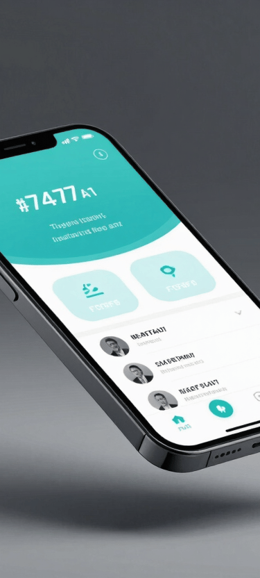 A sleek smartphone floating in a minimalist space, screen glowing with a smart home control interface using #74A7A7 and #F0F8F8 highlights.