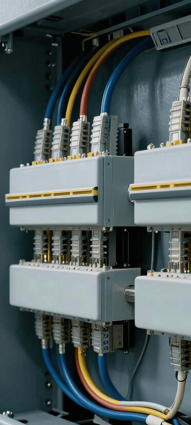 Detailed photograph of technical electrical installations and data wiring in a modern office building in the North American / Mexican / Yucatán region. The work is perfectly aligned and professional, featuring colors like dark charcoal and pale blue.