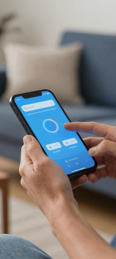 A photograph of a person in a bright North American / US living room interacting with a smart device. The scene is warm and emphasizes ease of use, featuring navy blue and sky blue accents.