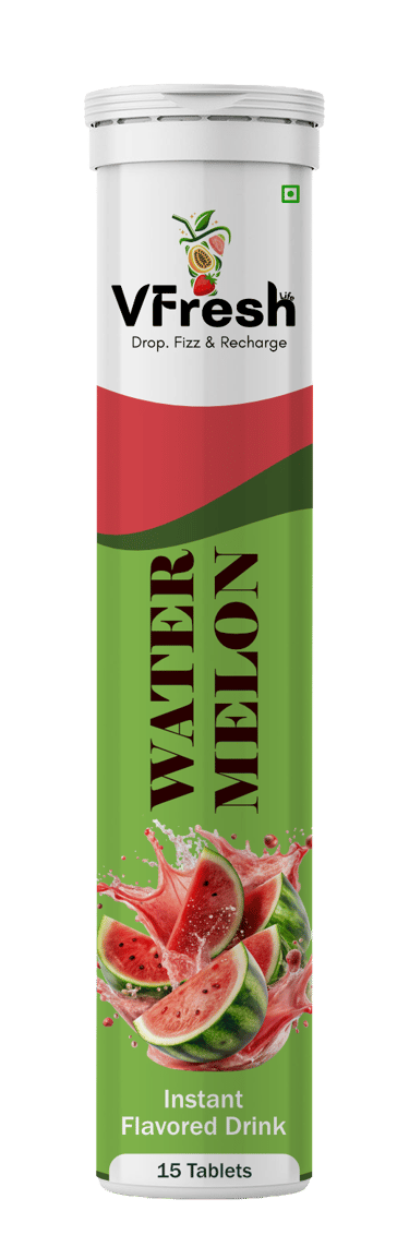 VFresh watermelon flavored instant drink effervescent tablets tube with 15 counts for quick hydration.