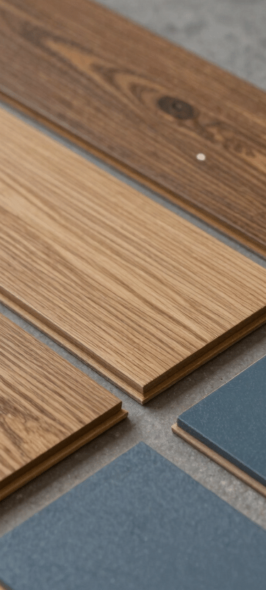 Samples of high-end laminate flooring in various wood finishes arranged neatly next to Slate Blue paint swatches on a designer's table.