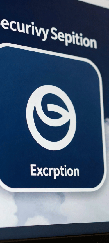 A close-up of a high-resolution display showing a secure encryption animation. The photography is sharp and professional, utilizing dark midnight blue and cloud white lighting in a North American / US corporate setting.