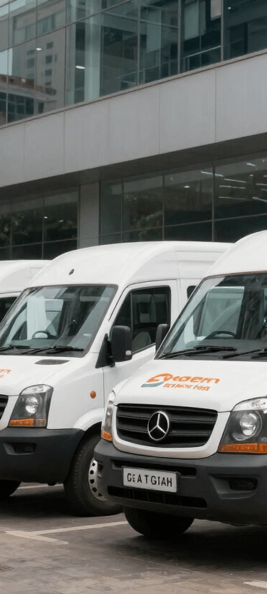 A fleet of clean white cargo vans with professional orange branding parked outside a corporate office building in a major South Asian / Indian city.