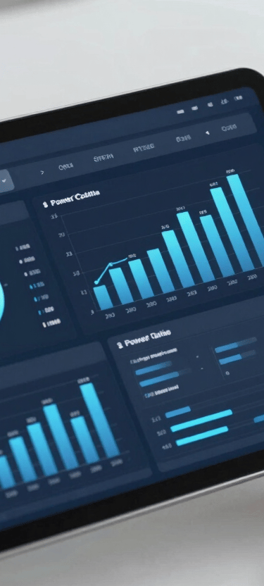 A sharp photograph of a tablet screen displaying a sophisticated Power BI dashboard with Steel Blue charts, held by a professional in a corporate setting.