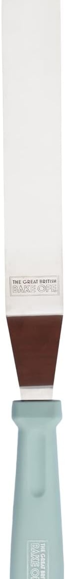 The Great British Bake Off offset icing spatula with a stainless steel blade and blue handle.
