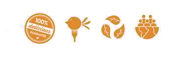 100% delicious guarantee seal and brand icons