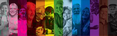 A group of smiling 2SLGBTQI+ seniors stand together, radiating joy and a sense of community. The ima
