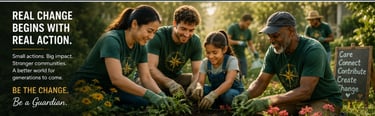 Diverse volunteers and a young girl planting a community garden to promote environmental change.