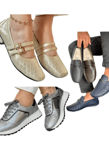 Pies y zapatos de mujer y hombre  con una cadena de eslabones de oro