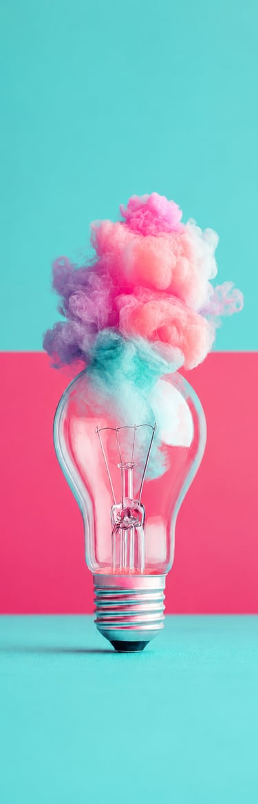 Ampoule transparente laissant échapper une fumée pastel mauve et rose, illustrant l'idée créative au cœur d'une collaboration