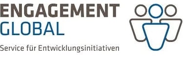 Engagement Global logo for development initiatives featuring blue and gray text with three person icons.