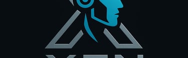 Xen Robotics Schools logo featuring a blue cyborg head profile within a metallic silver X symbol.