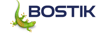 Bostik adhesive and sealant brand logo featuring a green gecko mascot and blue sans-serif text.