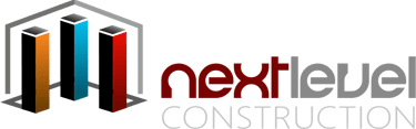 NLE Constructions logo featuring 3D building columns in orange, blue, and red