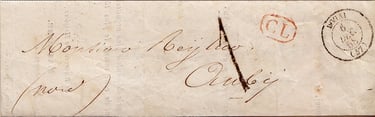 1858 : Lettre de DOUAI à AUBY. Lettre de moins de 7,5 g taxée à 1 décime.