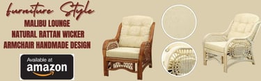 a ratten wicker chair with white cushions