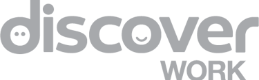 Discover Work logo featuring a lowercase font and smiling face icons on a black background.