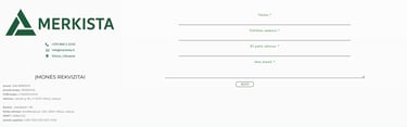 Merkista company contact page with online inquiry form and business registration details in Vilnius, Lithuania.