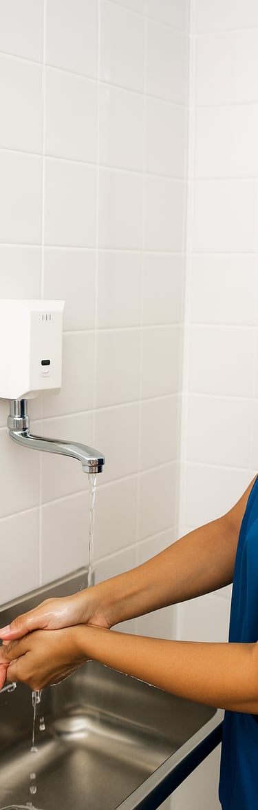 Médica lavando as mãos em uma torneira com sensor de parede.
