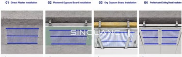 Capillary ceiling installation for plaster, gypsum board, and prefabricated ceilings.