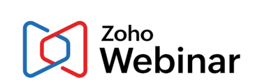 Official Zoho Webinar logo featuring blue and red interlocking geometric shapes and black typography.