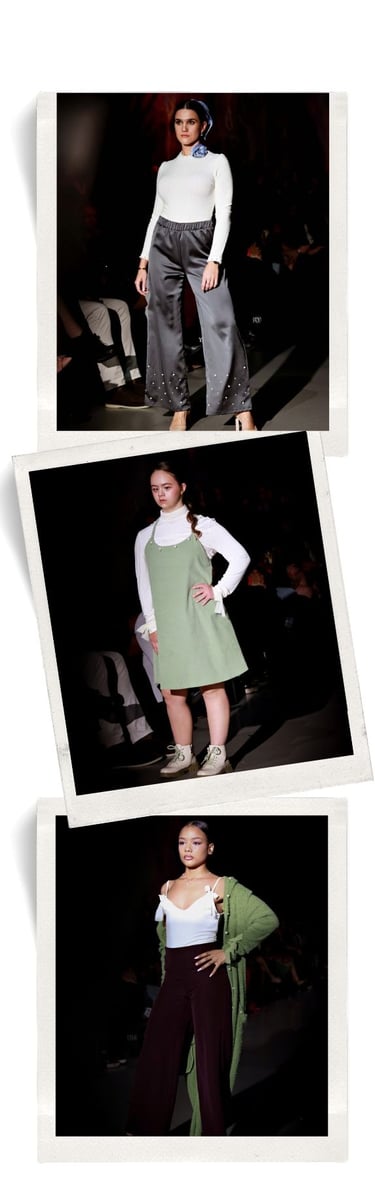 Three polaroid-style photos of models presenting different outfits on a fashion runway.
