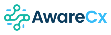 AwareCx company logo featuring a teal circuit node icon next to blue and teal sans-serif text on a black background.