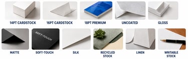 Premium paper stocks and finishes for business cards, flyers and postcards
