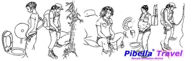 Line drawings depicting women using the Pibella FUD while sitting and standing in a car, hiking, during pregnancy, rock climb